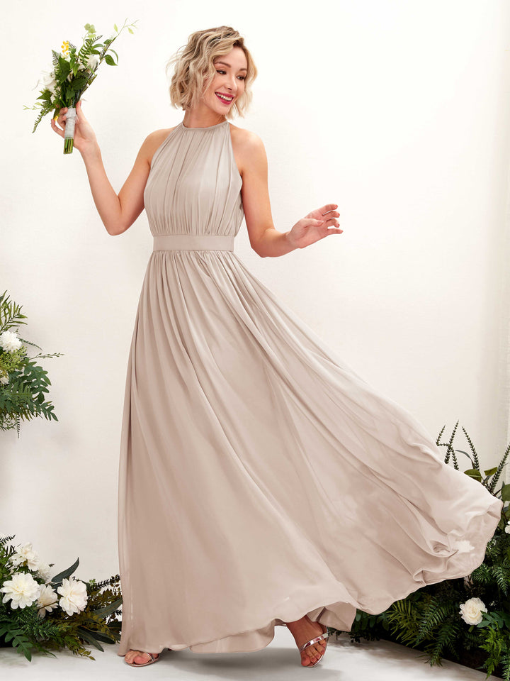 Halter Sleeveless Chiffon Bridesmaid Dress - Champagne (81223116)