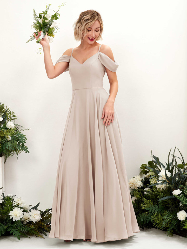 Off Shoulder Straps V-neck Sleeveless Chiffon Bridesmaid Dress - Champagne (81224916)