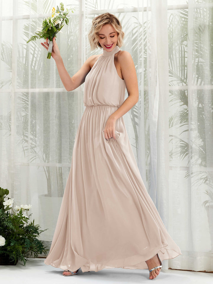 Halter Sleeveless Chiffon Bridesmaid Dress - Champagne (81222916)