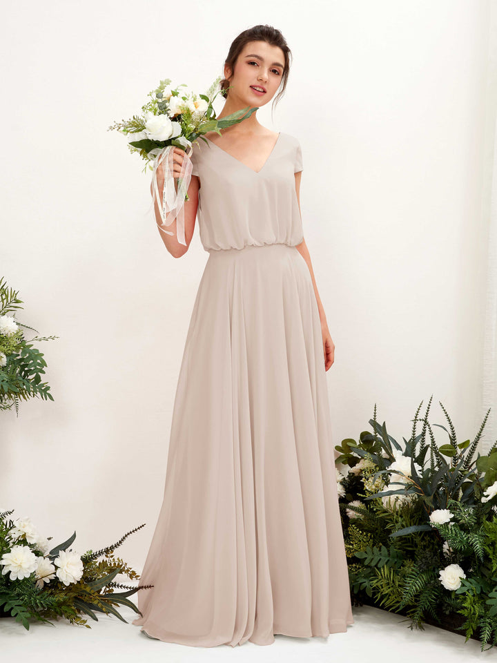 V-neck Cap Sleeves Chiffon Bridesmaid Dress - Champagne (81221816)