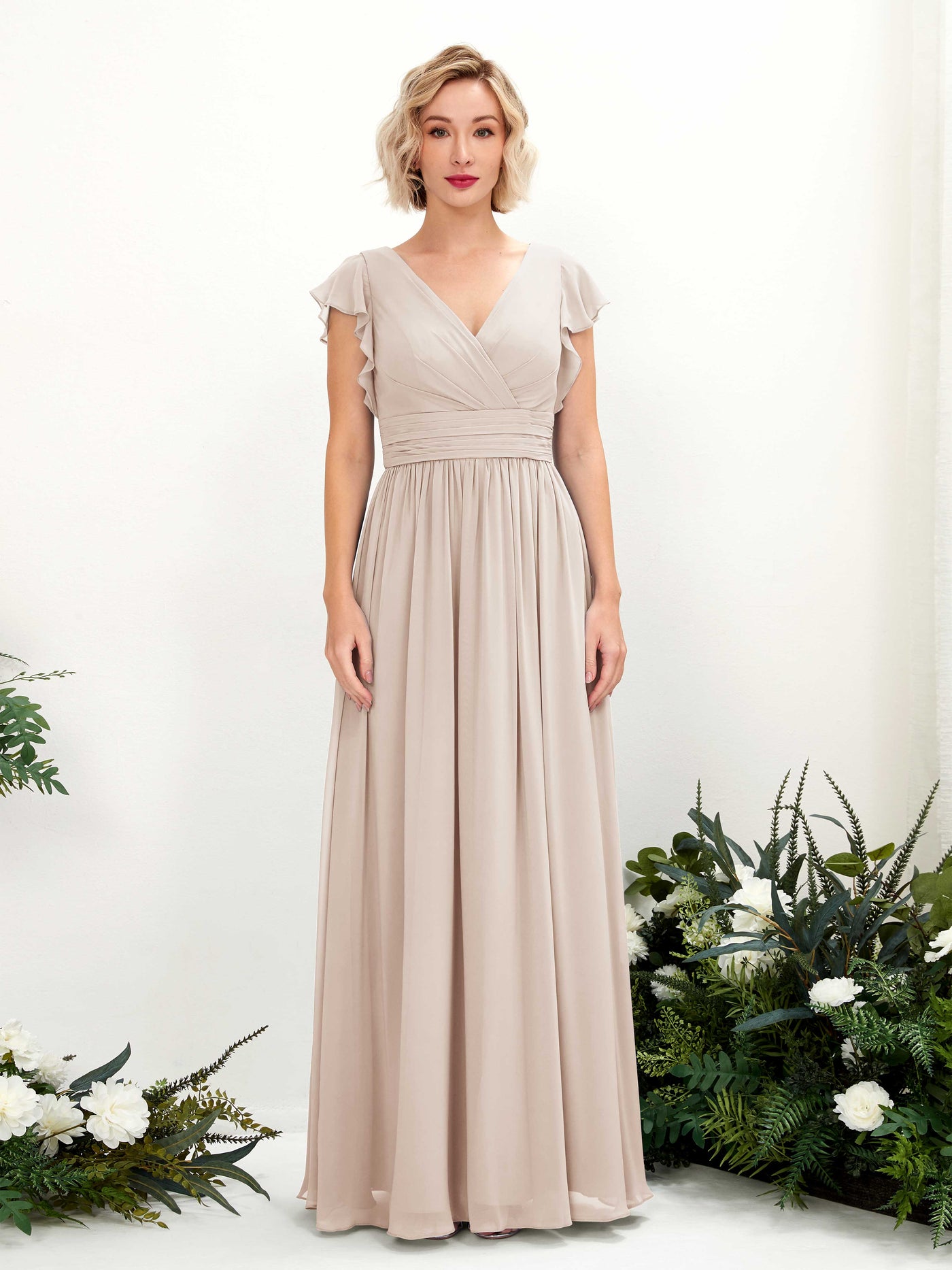 V-neck Short Sleeves Chiffon Bridesmaid Dress - Champagne (81222716)#color_champagne