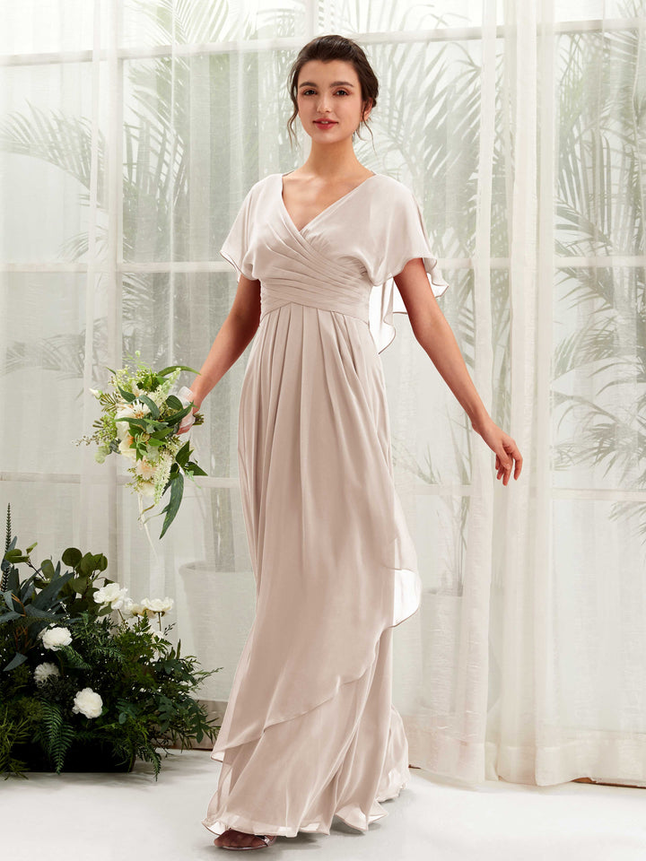 V-neck Short Sleeves Chiffon Bridesmaid Dress - Champagne (81226116)