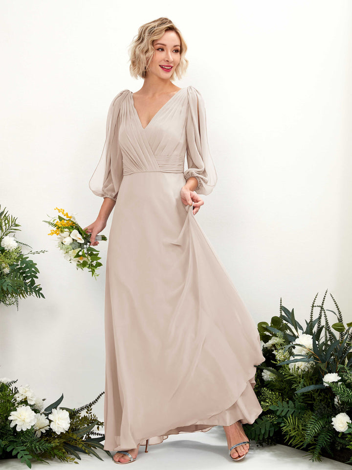 Carlyna Antonia A-Line Champagne Bridesmaid Dress Maxi Three Quarter Sleeve V-Neck Dress 