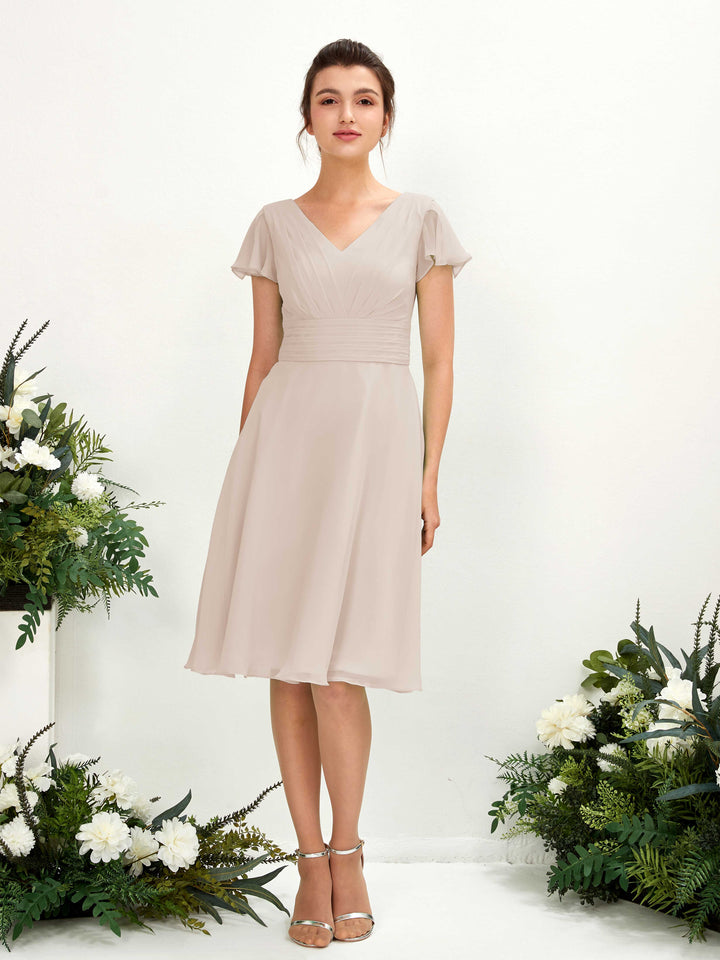 V-neck Short Sleeves Chiffon Bridesmaid Dress - Champagne (81220216)