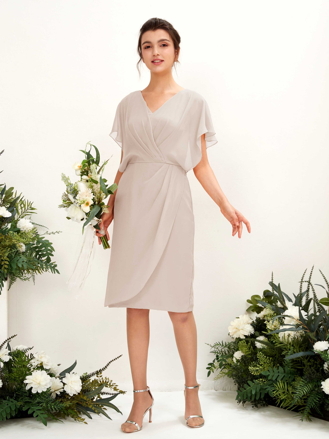 V-neck Short Sleeves Chiffon Bridesmaid Dress - Champagne (81222216)#color_champagne