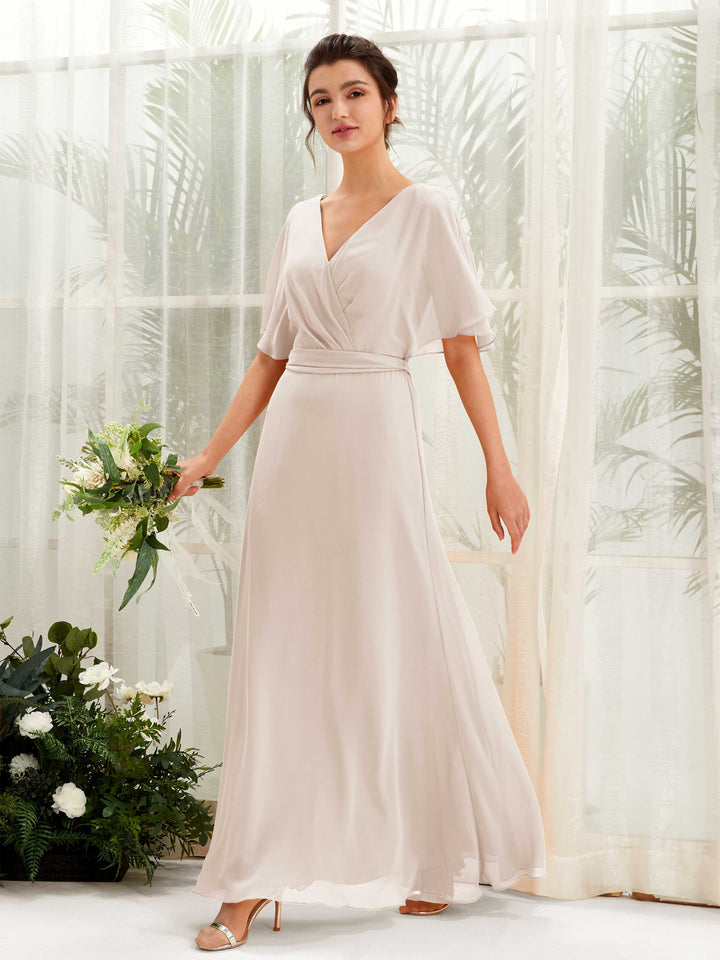 V-neck Short Sleeves Chiffon Bridesmaid Dress - Champagne (81222416)