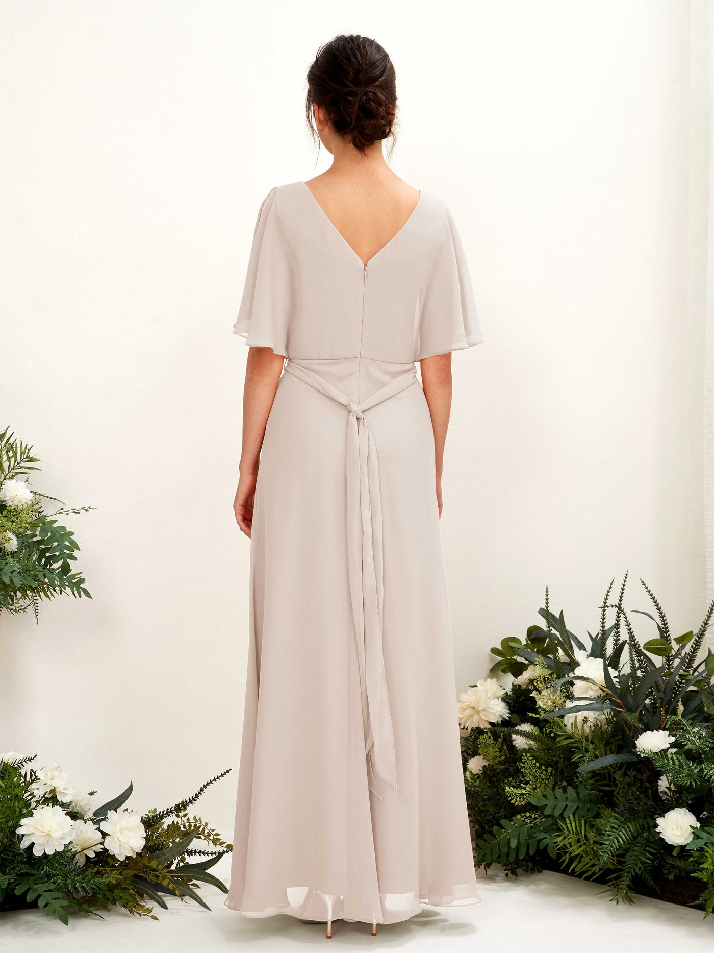 Carlyna Merta A-Line Champagne Bridesmaid Dress Maxi Short Sleeve V-Neck Dress #color_champagne