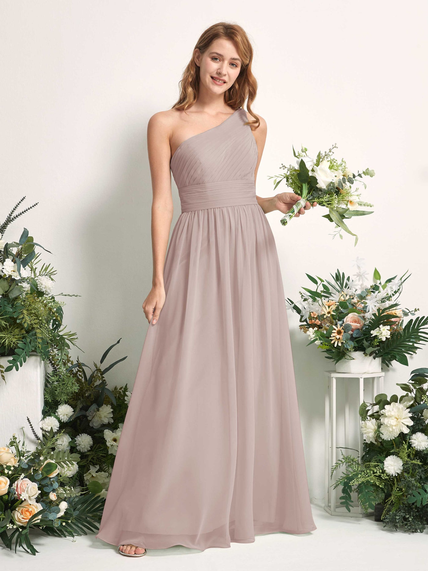 Bridesmaid Dress A-line Chiffon One Shoulder Full Length Sleeveless Wedding Party Dress - Taupe (81226724)#color_taupe