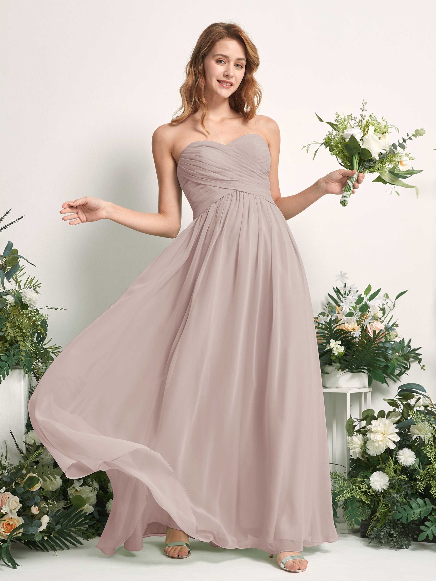 Bridesmaid Dress A-line Chiffon Sweetheart Full Length Sleeveless Wedding Party Dress - Taupe (81226924)#color_taupe