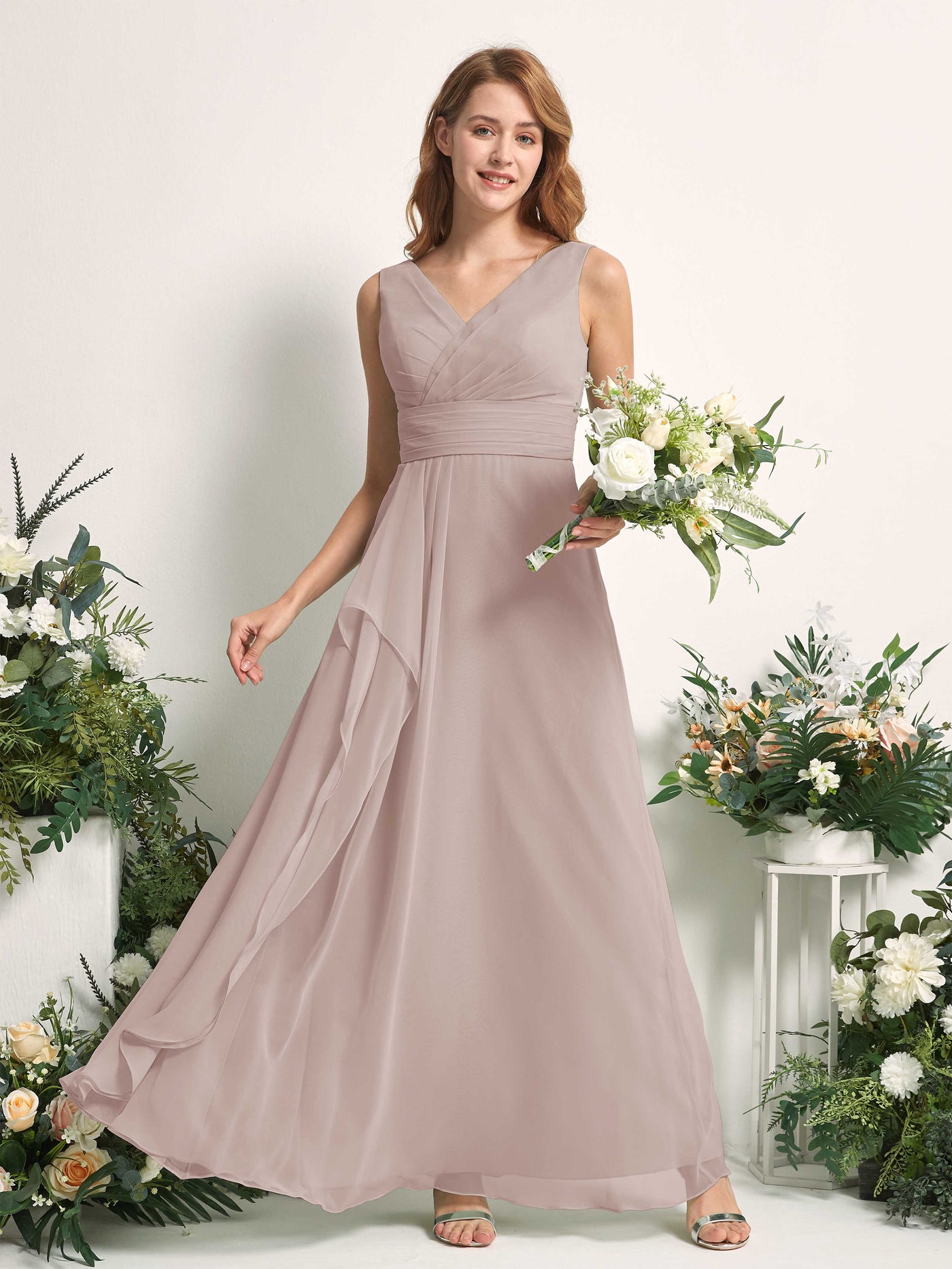 Carlyna Mollie A-Line Taupe Bridesmaid Dress Maxi Sleeveless V-Neck Dress #color_taupe