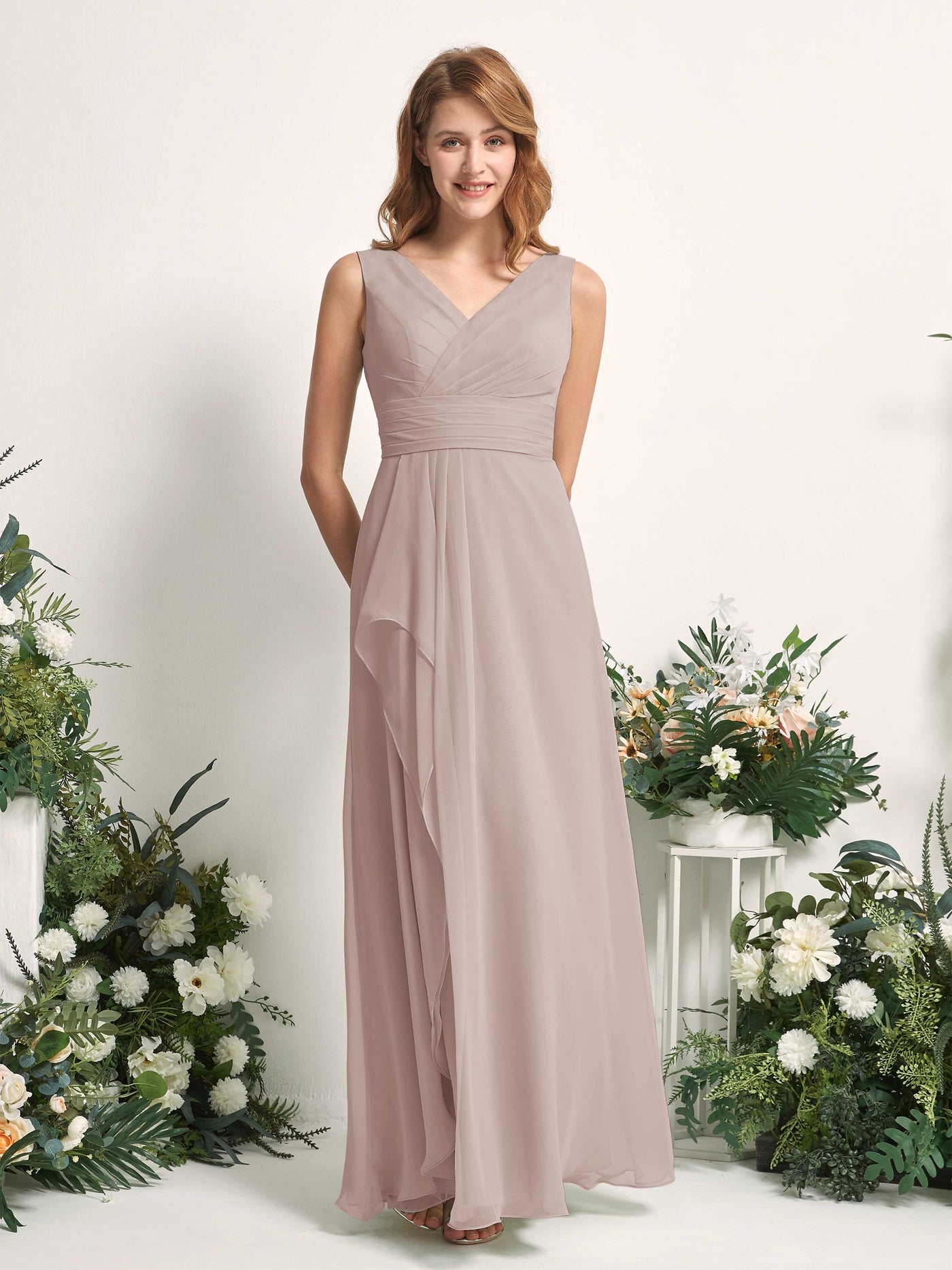 Bridesmaid Dress A-line Chiffon V-neck Full Length Sleeveless Wedding Party Dress - Taupe (81227124)#color_taupe