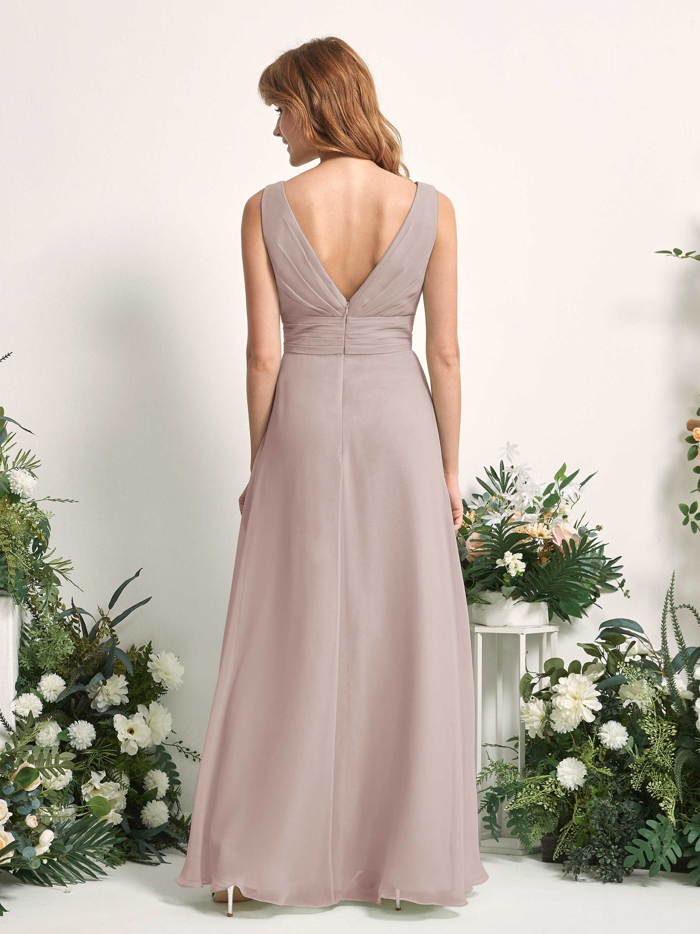 Bridesmaid Dress A-line Chiffon V-neck Full Length Sleeveless Wedding Party Dress - Taupe (81227124)#color_taupe