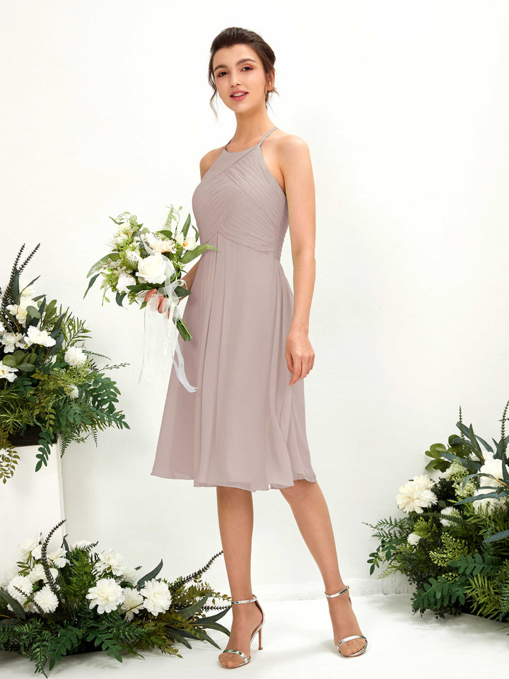 A-line Halter Sleeveless Chiffon Bridesmaid Dress - Taupe (81220424)