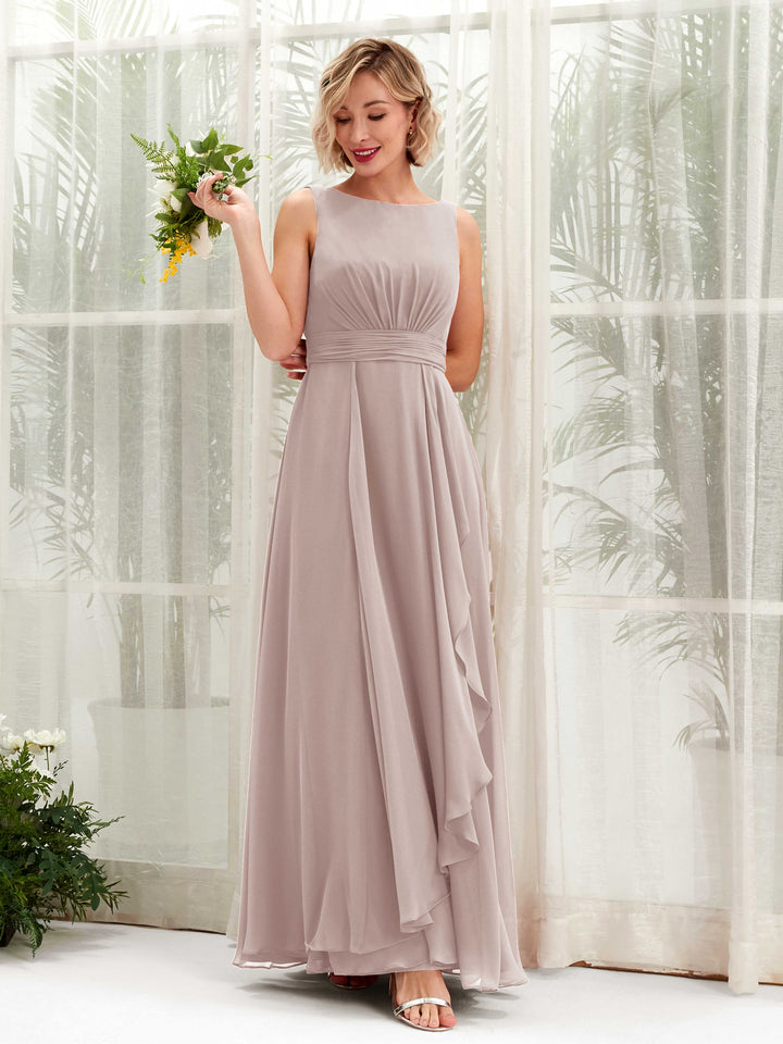 A-line Bateau Sleeveless Chiffon Bridesmaid Dress - Taupe (81225824)