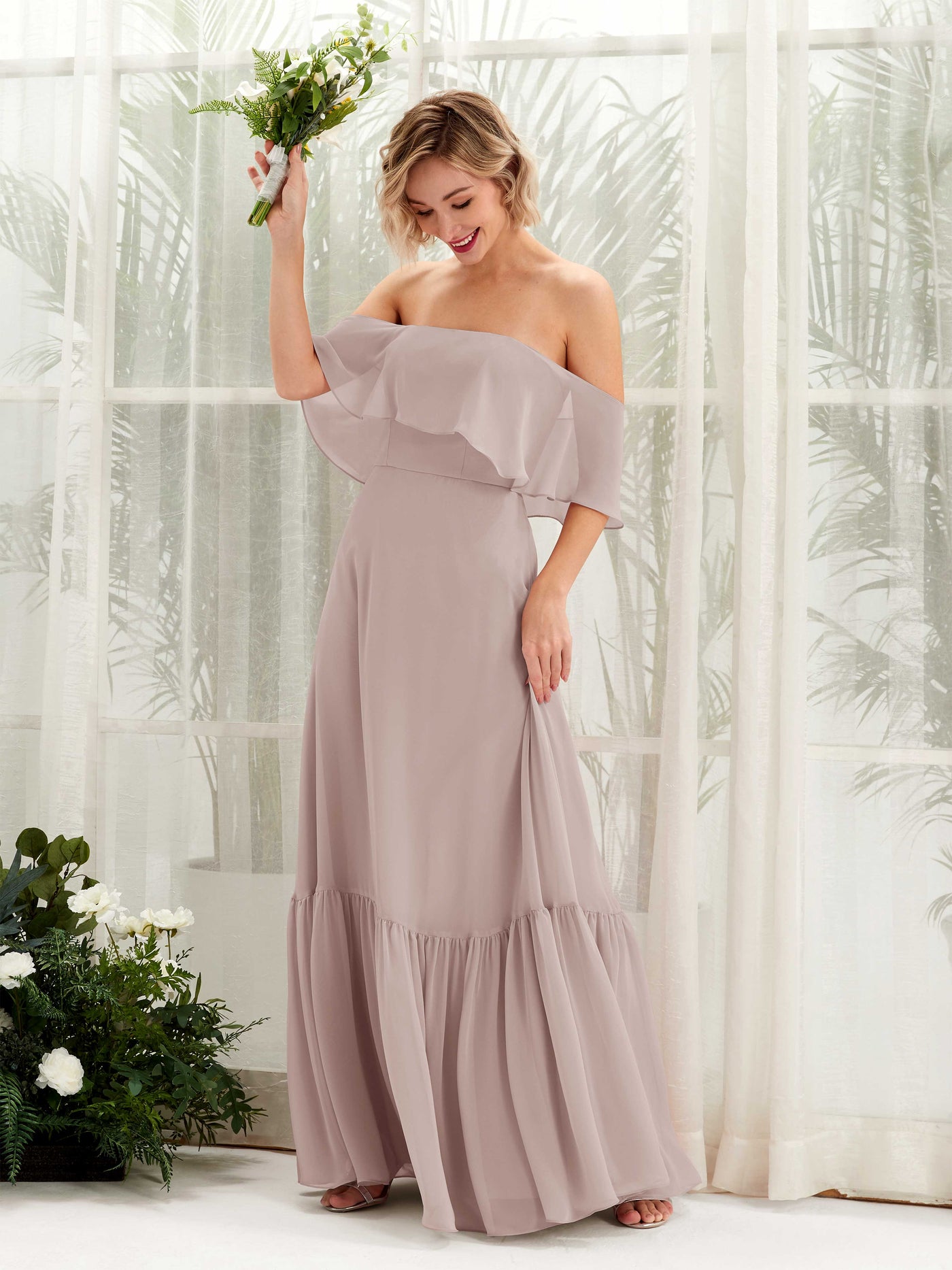 Carlyna Joie A-Line Taupe Bridesmaid Dress Maxi Sleeveless Off the Shoulder Dress #color_taupe