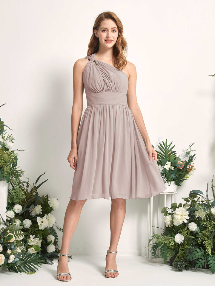 Bridesmaid Dress A-line Chiffon One Shoulder Knee Length Sleeveless Wedding Party Dress - Taupe (81221224)