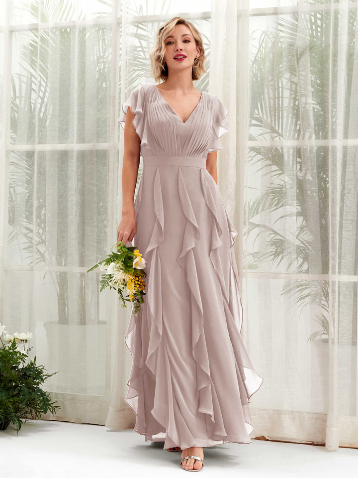 A-line V-neck Short Sleeves Chiffon Bridesmaid Dress - Taupe (81226024)