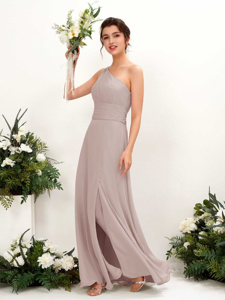 A-line One Shoulder Sleeveless Bridesmaid Dress - Taupe (81224724)