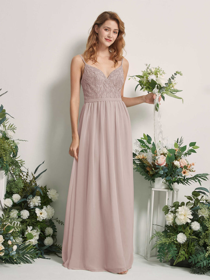 Taupe Bridesmaid Dresses A-line Spaghetti-straps Sleeveless Chiffon Dresses (81226524)