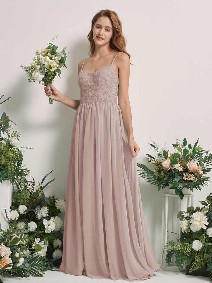 Taupe Bridesmaid Dresses A-line Spaghetti-straps Sleeveless Chiffon Dresses (83221224)