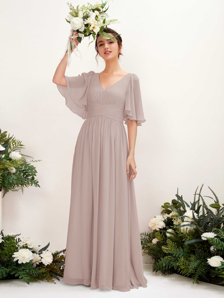 A-line V-neck 1/2 Sleeves Chiffon Bridesmaid Dress - Taupe (81221624)