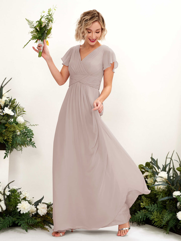 A-line V-neck Cap Sleeves Chiffon Bridesmaid Dress - Taupe (81224324)