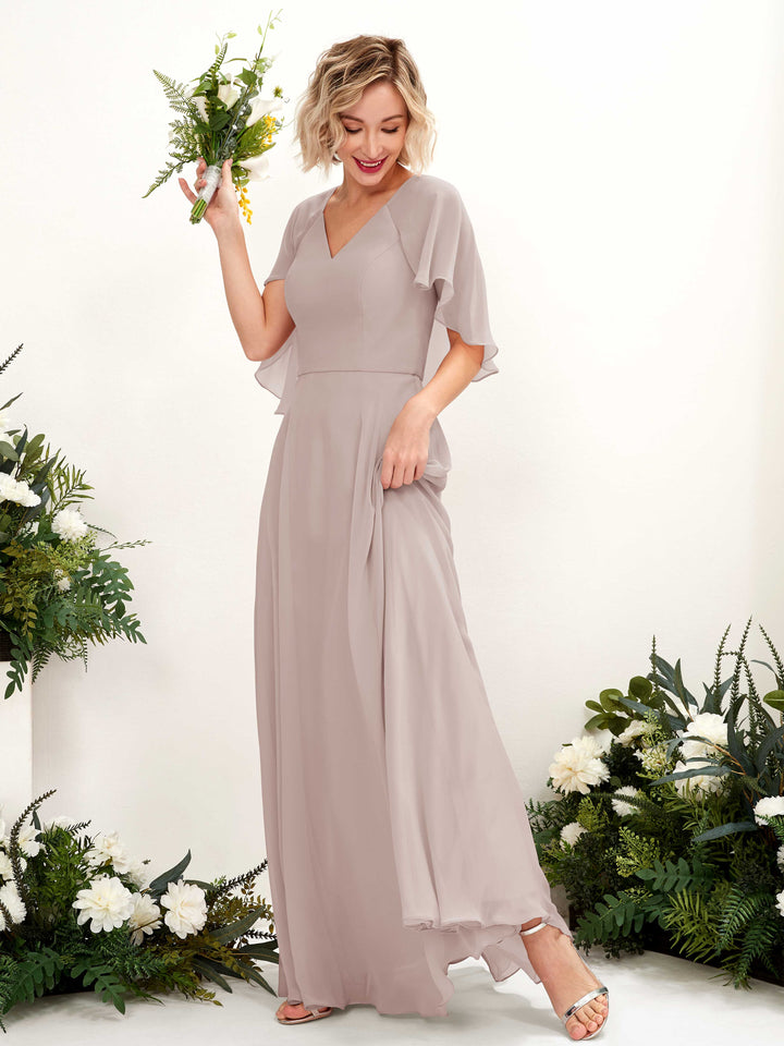 A-line V-neck Short Sleeves Chiffon Bridesmaid Dress - Taupe (81224424)