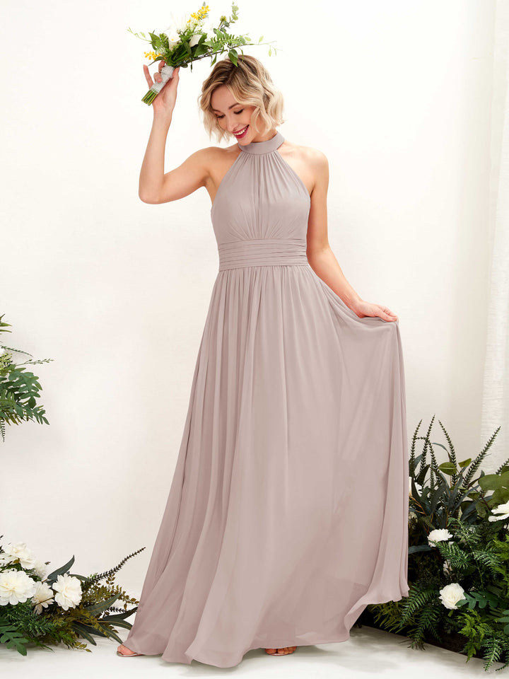 Ball Gown Halter Sleeveless Chiffon Bridesmaid Dress - Taupe (81225324)