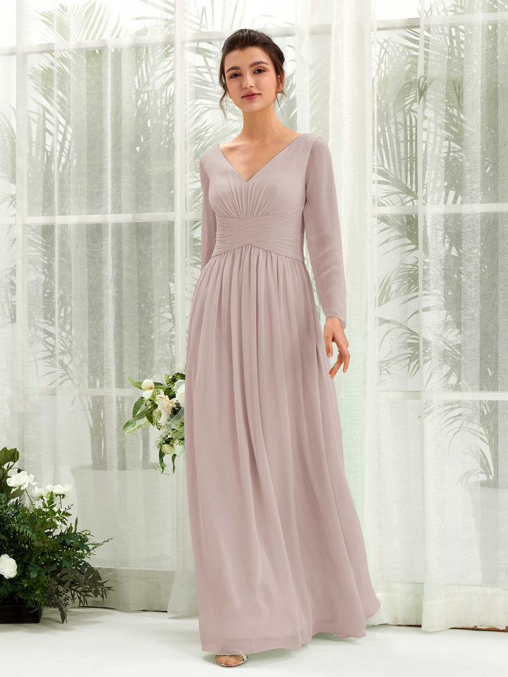 Ball Gown V-neck Long Sleeves Chiffon Bridesmaid Dress - Taupe (81220324)