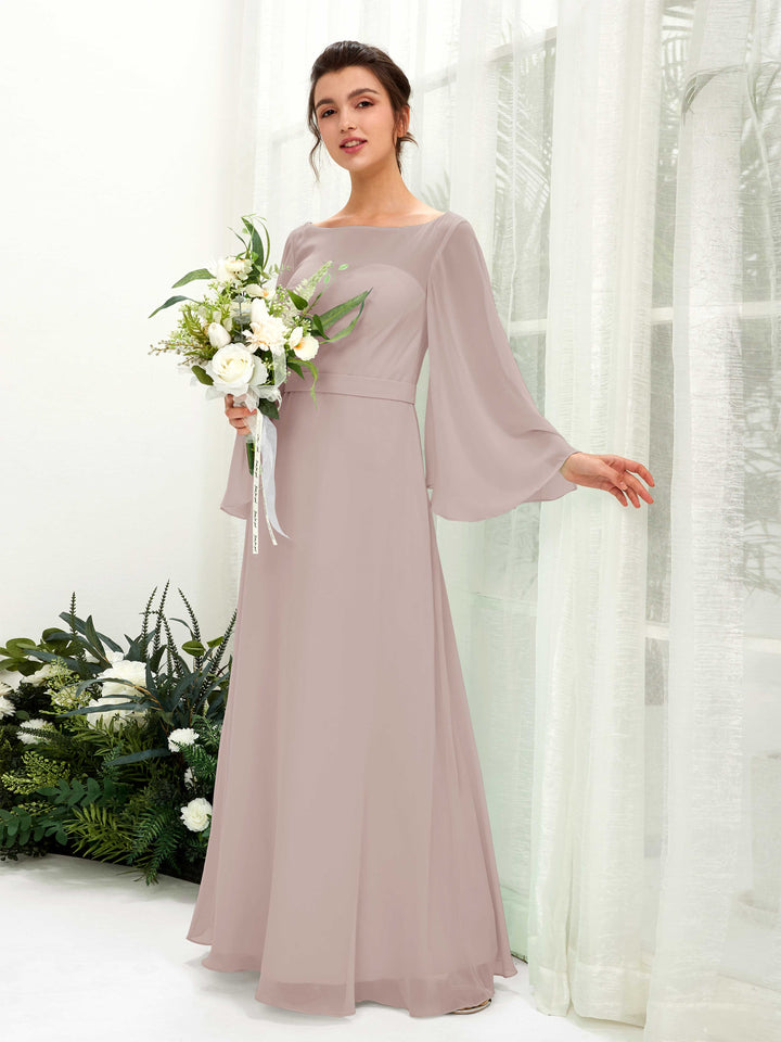 Bateau Illusion Long Sleeves Chiffon Bridesmaid Dress - Taupe (81220524)