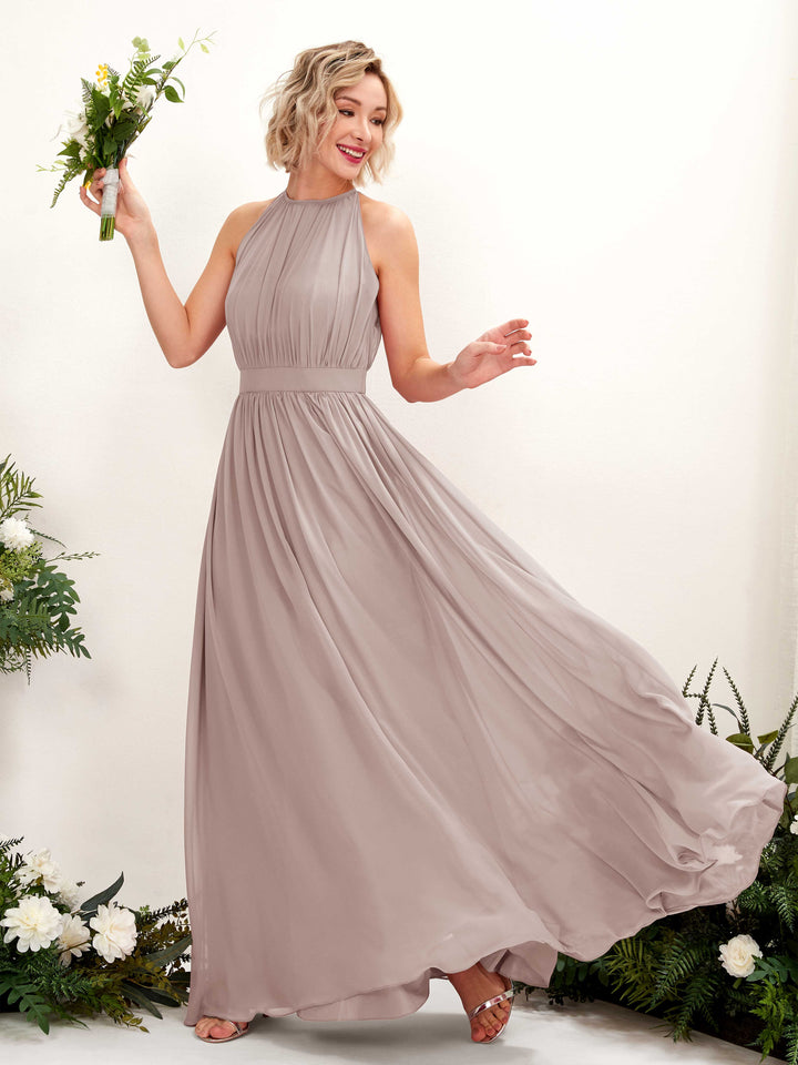 Halter Sleeveless Chiffon Bridesmaid Dress - Taupe (81223124)