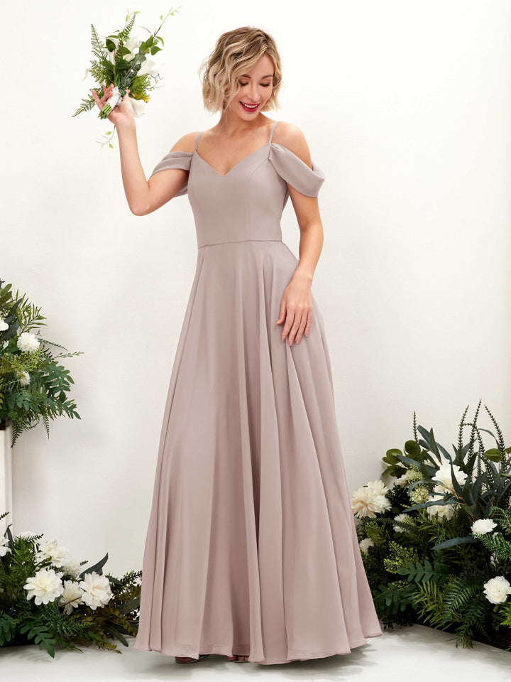 Off Shoulder Straps V-neck Sleeveless Chiffon Bridesmaid Dress - Taupe (81224924)