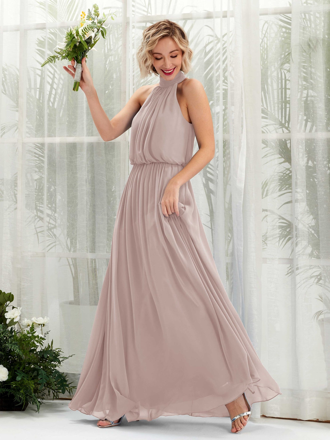 Halter Sleeveless Chiffon Bridesmaid Dress - Taupe (81222924)#color_taupe