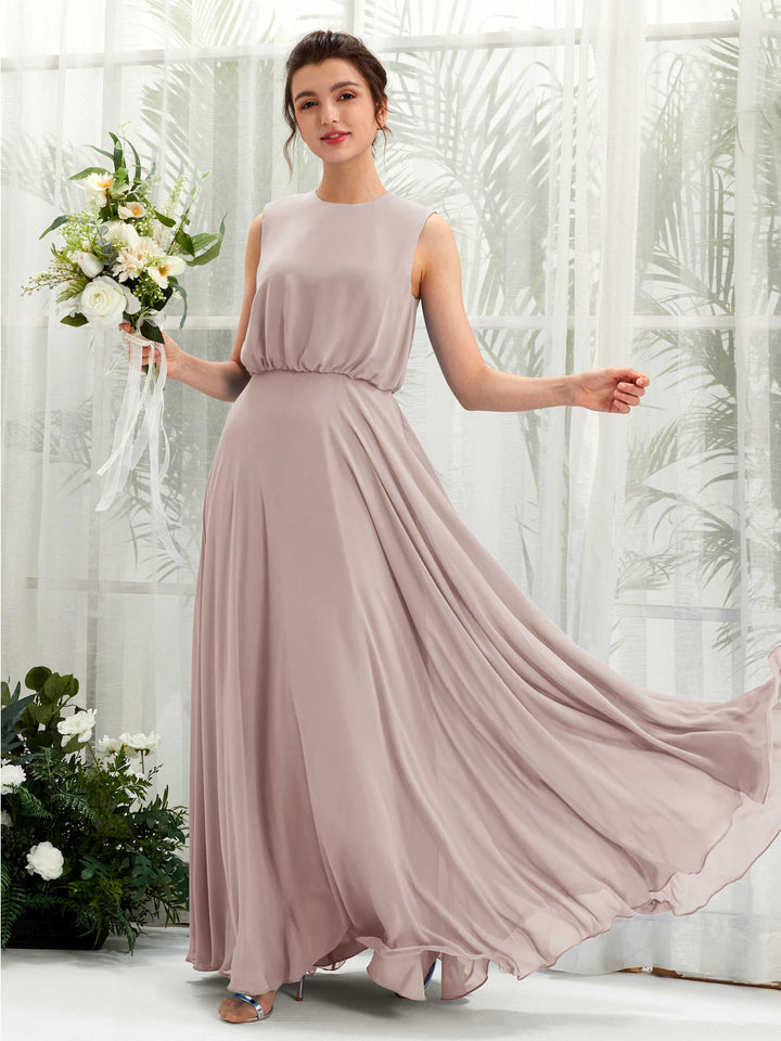 Carlyna Alma A-Line Taupe Bridesmaid Dress Maxi Sleeveless Round Neck Dress 