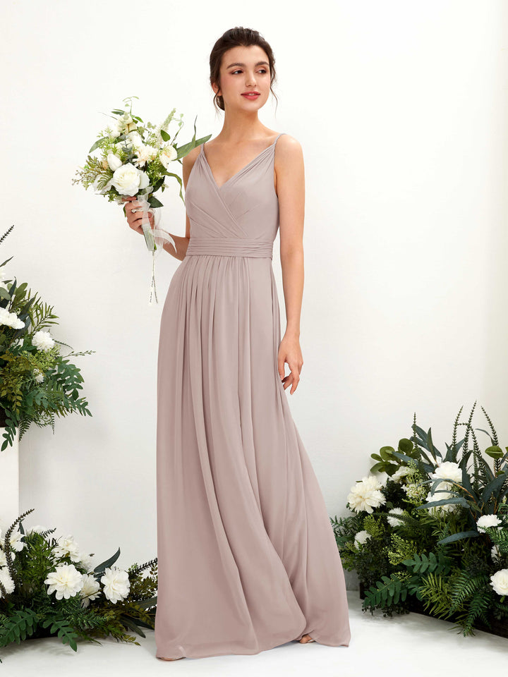 Spaghetti-straps V-neck Sleeveless Bridesmaid Dress - Taupe (81223924)