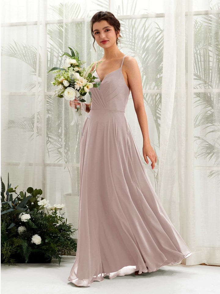 Spaghetti-straps V-neck Sleeveless Bridesmaid Dress - Taupe (81224224)