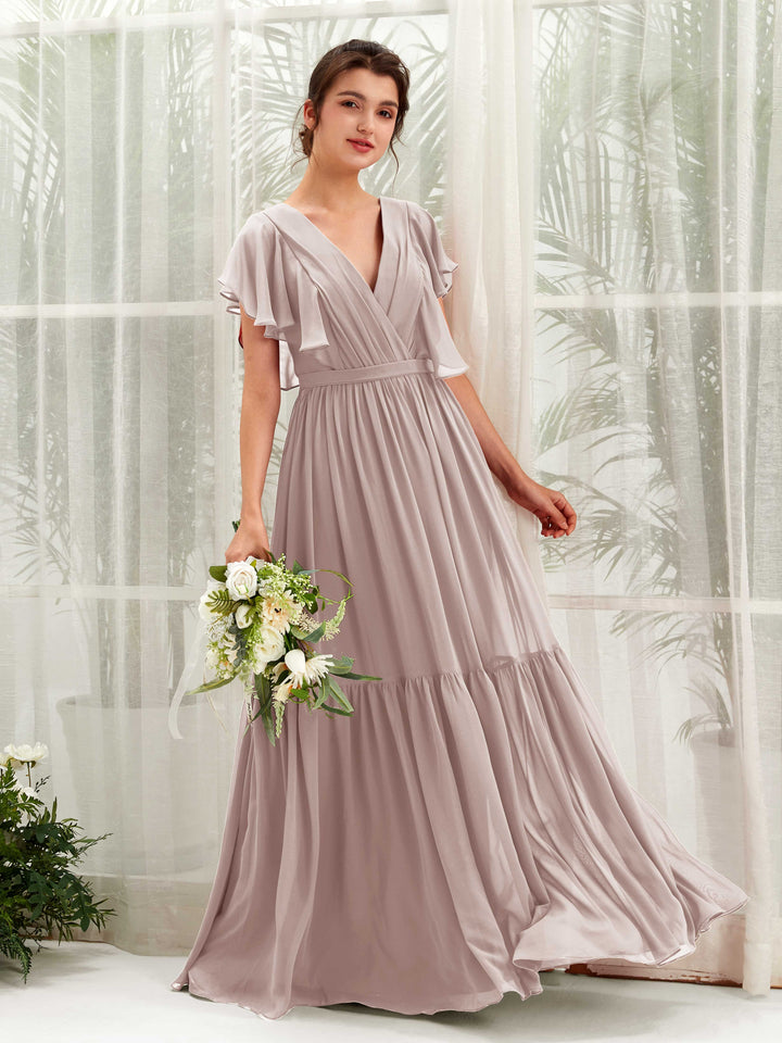 V-neck Cap Sleeves Chiffon Bridesmaid Dress - Taupe (81225924)