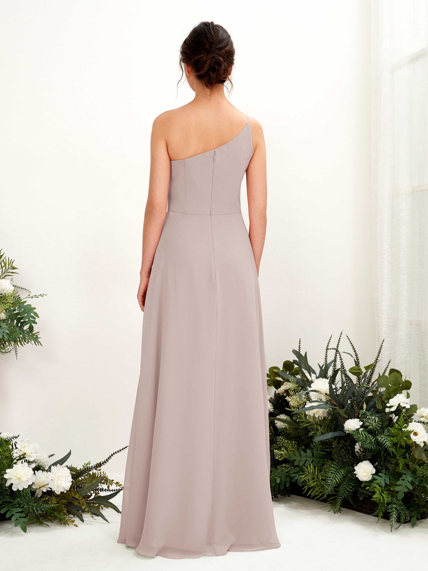 Carlyna Crystal A-Line Taupe Bridesmaid Dress Maxi Sleeveless One Shoulder Dress #color_taupe