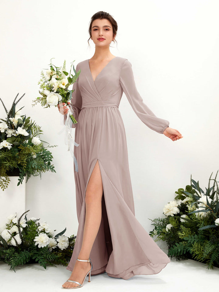 V-neck Long Sleeves Chiffon Bridesmaid Dress - Taupe (81223824)