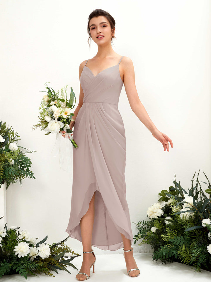 Spaghetti-straps V-neck Sleeveless Chiffon Bridesmaid Dress - Taupe (81221324)