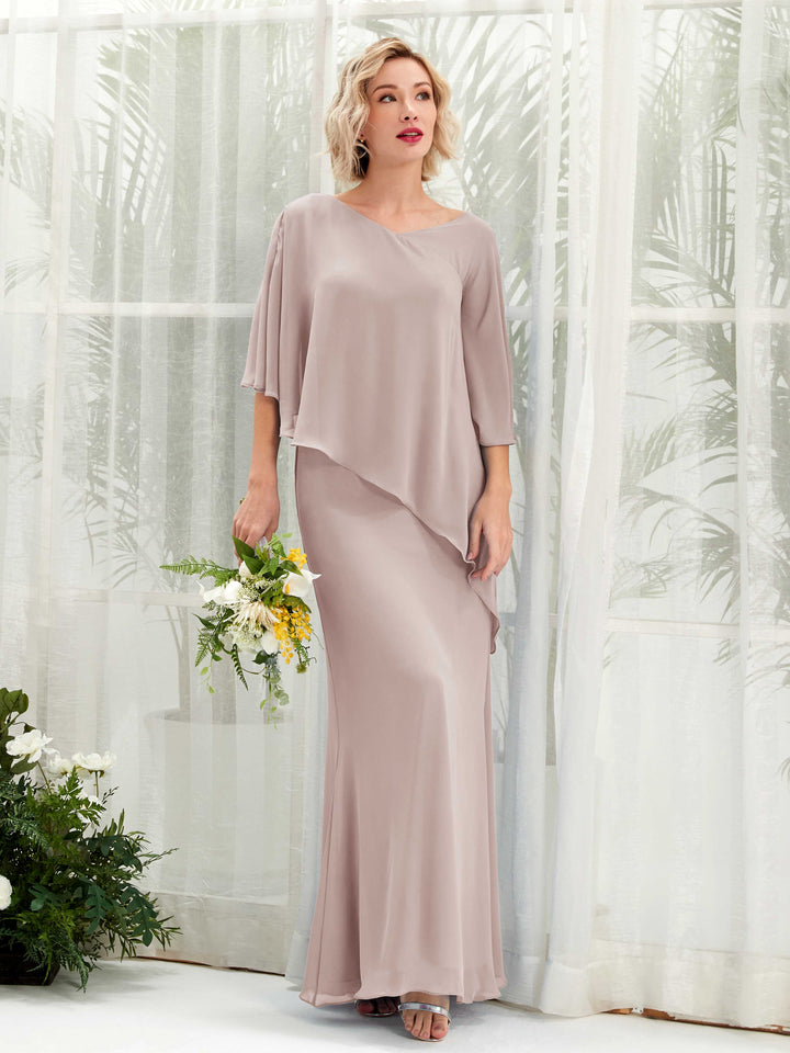 V-neck 3/4 Sleeves Chiffon Bridesmaid Dress - Taupe (81222524)