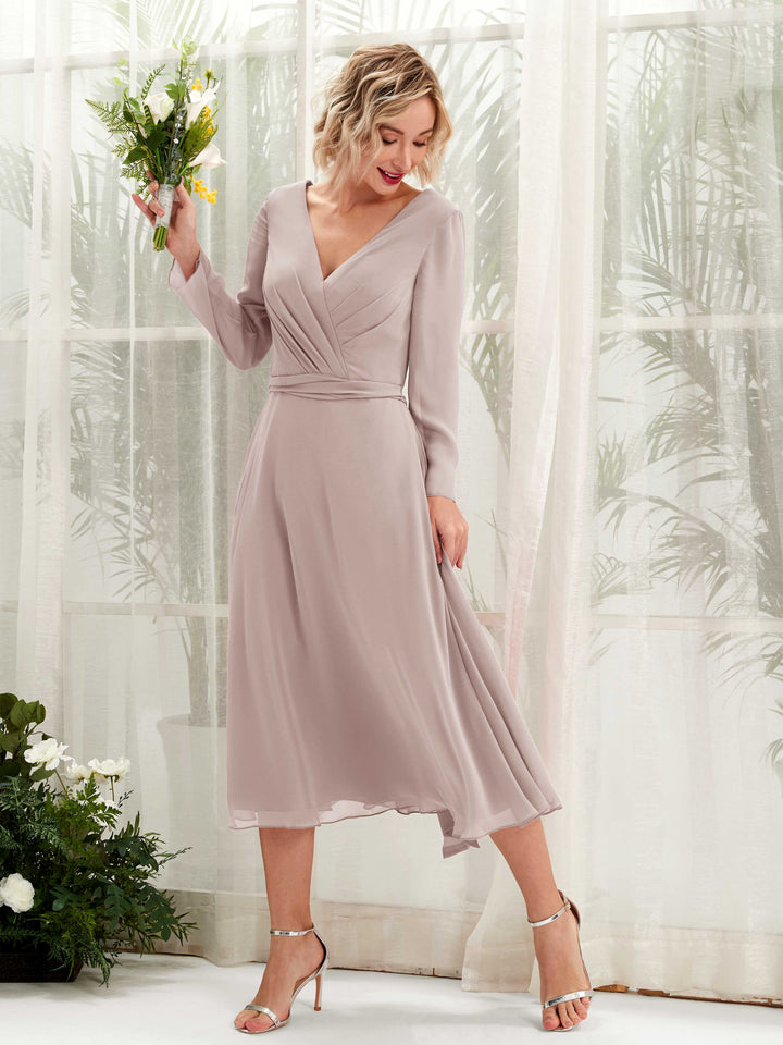 V-neck Long Sleeves Chiffon Bridesmaid Dress - Taupe (81223324)