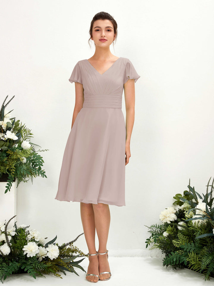 V-neck Short Sleeves Chiffon Bridesmaid Dress - Taupe (81220224)