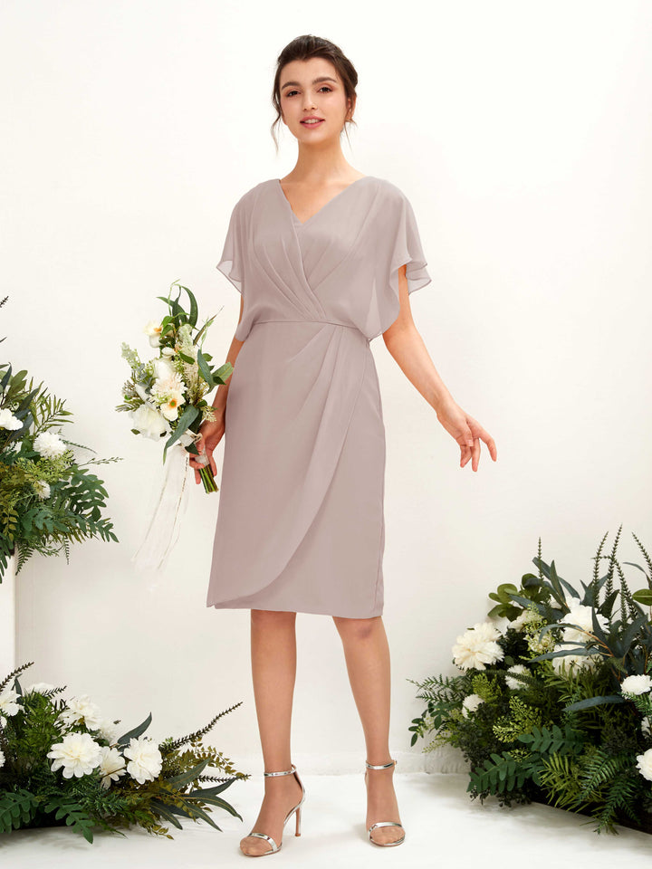 V-neck Short Sleeves Chiffon Bridesmaid Dress - Taupe (81222224)