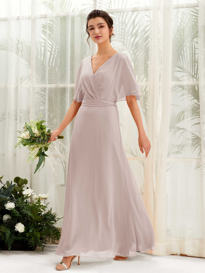 V-neck Short Sleeves Chiffon Bridesmaid Dress - Taupe (81222424)