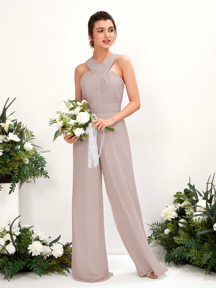 V-neck Sleeveless Chiffon Bridesmaid Dress Wide-Leg Jumpsuit - Taupe (81220724)