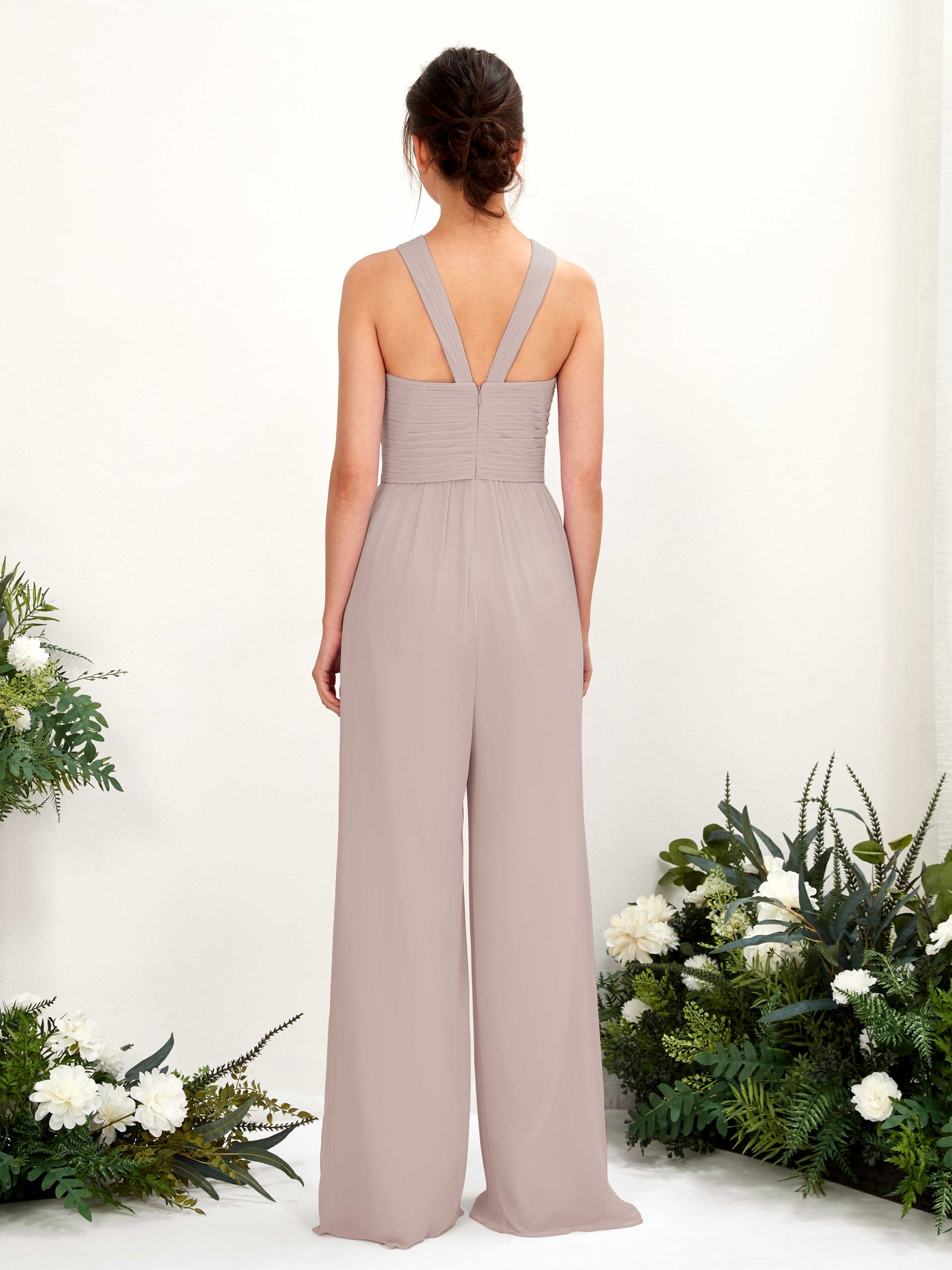 Carlyna Hilona Jumpsuit Taupe Bridesmaid Dress Maxi Sleeveless V-Neck Dress #color_taupe