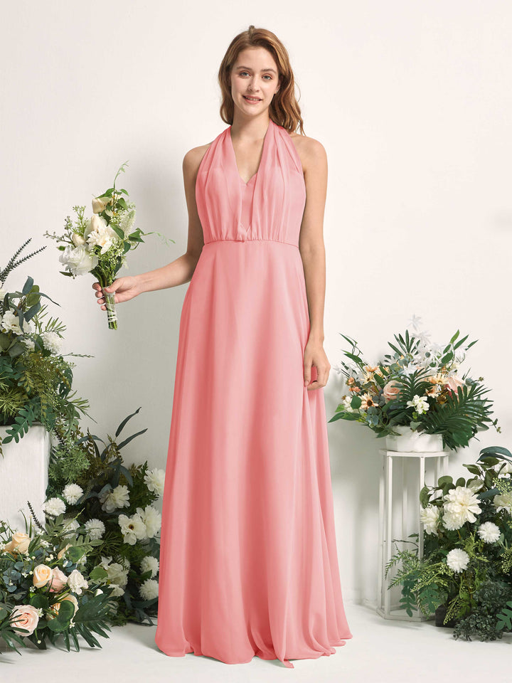 Bridesmaid Dress A-line Chiffon Halter Full Length Short Sleeves Wedding Party Dress - Ballet Pink (81226340)