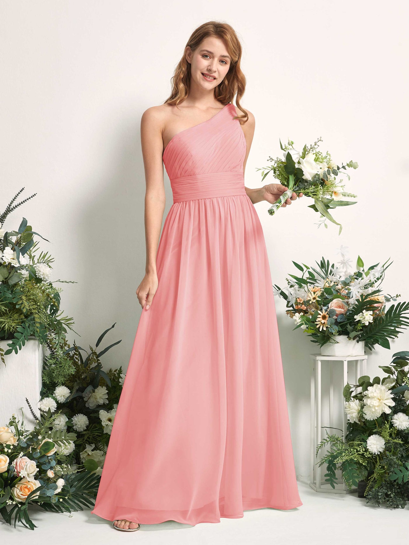 Bridesmaid Dress A-line Chiffon One Shoulder Full Length Sleeveless Wedding Party Dress - Ballet Pink (81226740)#color_ballet-pink