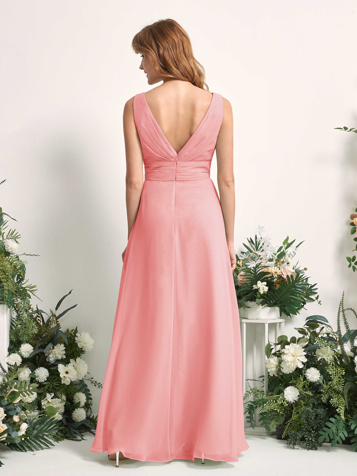 Bridesmaid Dress A-line Chiffon V-neck Full Length Sleeveless Wedding Party Dress - Ballet Pink (81227140)#color_ballet-pink